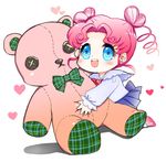  :d bangs bishoujo_senshi_sailor_moon blouse blue_eyes blue_skirt bow chibi_chibi double_bun drill_hair green_bow heart open_mouth parted_bangs plaid plaid_bow red_hair shirt short_hair skirt smile solo stuffed_animal stuffed_toy teddy_bear twin_drills u_julgi white_background white_shirt 