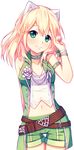  animal_ears arm_behind_back bare_arms belly belt blonde_hair blush cat_ears collar extra_ears eyebrows eyebrows_visible_through_hair flower_ornament green_eyes green_shorts hand_in_hair head_tilt hyanna-natsu looking_at_viewer midriff multiple_belts navel open_clothes original pointy_ears shirt shorts smile solo thigh_gap transparent_background vest wristband 