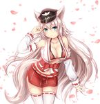  animal_ears arm_up armpits bare_shoulders bikini bikini_top black_hat bow breasts cherry_blossoms cleavage closed_mouth collarbone cowboy_shot detached_sleeves eyebrows eyebrows_visible_through_hair fox_ears fox_tail hair_between_eyes hat head_tilt highres large_breasts legs_together long_hair looking_at_viewer miniskirt navel open_clothes open_vest peaked_cap petals qurare_magic_library red_bikini red_bow red_ribbon red_skirt ribbon ribbon-trimmed_sleeves ribbon_trim rommeling shiny shiny_skin silver_hair skirt smile solo standing stomach swimsuit tail tareme thighhighs very_long_hair vest white_legwear white_vest zettai_ryouiki 