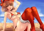  :o arm_support arm_up bangs beach bikini breasts brown_eyes brown_hair cameltoe collarbone day half-closed_eyes hat high_heels knees_up large_breasts looking_at_viewer lyrica_prismriver micro_bikini n_(dai_n_honpo) ocean open_mouth outdoors piano_print red_bikini red_legwear shiny shiny_skin short_hair sitting solo sweat swimsuit thighhighs touhou 