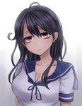 ahoge bags_under_eyes bangs bite_mark black_hair blue_ribbon blush breasts brown_eyes cleavage closed_mouth collarbone commentary_request expressionless gradient gradient_background hair_between_eyes head_tilt hickey highres kantai_collection large_breasts long_hair neit_ni_sei ribbon sailor_collar shirt short_sleeves simple_background sleeve_cuffs solo upper_body ushio_(kantai_collection) white_shirt 