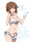  adapted_costume blush bob_cut breasts brown_eyes brown_hair garter_straps hagiwara_yukiho idolmaster idolmaster_(classic) lieass looking_at_viewer medium_breasts open_mouth ribbon short_hair smile snowflake_liliput snowflakes solo translation_request underwear underwear_only 