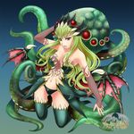  cthulhu cthulhu_mythos green_hair long_hair musora original personification purple_eyes tattoo tentacles thighhighs wings 