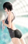  amagami ass back back_cutout bangs black_eyes black_hair blurry blurry_background bob_cut closed_mouth competition_swimsuit cowboy_shot dripping dutch_angle from_behind from_side hair_between_eyes highres holding indoors lens_flare looking_at_viewer looking_back namako_mikan nanasaki_ai one-piece_swimsuit pool profile short_hair smile solo swimsuit towel towel_around_neck water wet wet_hair 