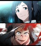  1boy anime_coloring black_hair blood blood_on_face blue_eyes constricted_pupils crazy_eyes crazy_smile forest male_focus mole mole_under_eye multiple_views nature open_mouth ponytail scarf smile touken_ranbu twitter_username upper_body wide-eyed yamato-no-kami_yasusada 