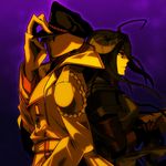  1girl albedo armor artist_request back-to-back black_hair hat nazi overlord_(maruyama) pandora&#039;s_actor pandora's_actor purple_background 