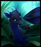  2019 arthropod black_scales butterfly day detailed_background digital_media_(artwork) dragon feral horn insect kitchiki lepidopteran membranous_wings outside purple_eyes raining scales scalie smile western_dragon wings 