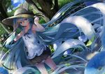  absurdly_long_hair absurdres aqua_eyes aqua_hair armpits arms_up bow cloud cloudy_sky collarbone daidou_(demitasse) flower frilled_skirt frills hair_between_eyes hair_bow hand_on_headwear hands_up hat hat_bow hatsune_miku highres leaf long_hair looking_at_viewer nature open_mouth outdoors sailor_collar skirt sky sleeveless smile solo stairs straw_hat sweat tree twintails very_long_hair vocaloid wind 
