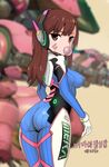  ass bodysuit breasts brown_eyes brown_hair bubble_blowing chewing_gum d.va_(overwatch) facial_mark headphones highres impossible_bodysuit impossible_clothes long_hair looking_at_viewer looking_back mecha medium_breasts meka_(overwatch) nikuking overwatch pilot_suit solo striped vertical_stripes whisker_markings 