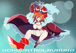  bangs boots breasts chromatic_aberration cleavage coat fur_trim grin hat lalaco_godspeed large_breasts life_fiber mature ochiai_maharu orange_hair pirate pirate_hat revealing_clothes short_hair skull_and_crossbones smile solo thigh_strap typo uchuu_patrol_luluco 