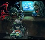  asymmetrical_wings black_hair blue_hair commentary couch dvd_case grin hat hitodama hood hood_down houjuu_nue jellyfish koto_inari kumoi_ichirin messy_hair multiple_girls murasa_minamitsu pale_skin pointing pointy_ears puddle sailor_hat scared sharp_teeth smile teeth television touhou trembling troll_face wet whale_shark wings 