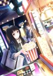  1girl bangs black_hair blunt_bangs brown_eyes casual concessions food highres long_hair movie_theater original popcorn taka_(tsmix) 