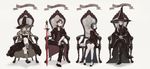  2girls armchair bangs black_cape black_coat black_dress black_footwear black_gloves black_hair black_ribbon blonde_hair blue_eyes blue_hair breasts brown_hair cape chair character_name closed_mouth crossed_legs crown cup dress engrish gloves godric_gryffindor grey_legwear hair_between_eyes hair_over_one_eye harry_potter hat head_rest helga_hufflepuff high_heels highres holding holding_sword holding_weapon interlocked_fingers jewelry kneehighs knees_together_feet_apart kururi large_breasts light_frown long_hair looking_at_viewer multiple_boys multiple_girls necklace off_shoulder one_eye_covered own_hands_together pendant puffy_sleeves ranguage red_hair ribbon robe rowena_ravenclaw salazar_slytherin shade shadow shoes short_hair short_sleeves side_slit silver_hair simple_background sitting sleeves_rolled_up smile smirk sword weapon wide_sleeves witch_hat wrist_ribbon yellow_eyes 