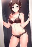  bare_shoulders black_bra black_panties blush bra breasts brown_eyes brown_hair cleavage coco_adel collarbone highres large_breasts lingerie navel ndgd panties rwby short_hair smile solo underwear underwear_only 