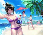  &gt;_&lt; animal_print armpits ass back bare_legs bare_shoulders barefoot beach beach_umbrella beach_volleyball beads bikini black_hair breasts bunny_print chair character_name cleavage cleavage_cutout closed_eyes closed_mouth cloud collarbone cup d.va_(overwatch) day drinking_glass drinking_straw facepaint facial_mark front-tie_bikini front-tie_top glass glasses hair_bun hair_ornament hair_stick highres holding holding_cup large_breasts lifeguard_chair long_hair looking_at_viewer looking_back mei_(overwatch) multiple_girls navel net orange_eyes outdoors overwatch pauld purple_bikini reaching_out sand self_shot semi-rimless_eyewear short_hair sitting sky smile standing stomach swimsuit tracer_(overwatch) tree umbrella under-rim_eyewear water whisker_markings 