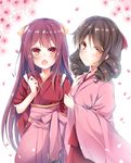  bad_id bad_pixiv_id brown_eyes brown_hair drill_hair hakama harukaze_(kantai_collection) japanese_clothes kamikaze_(kantai_collection) kantai_collection kimono long_hair meiji_schoolgirl_uniform multiple_girls murasakigo pink_hakama purple_eyes purple_hair red_hakama smile 