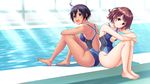  2girls ass black_hair blue_eyes breasts brown_eyes brown_hair dark_skin kuri original pool short_hair skintight swimsuit water 