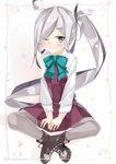  ;) ahoge asashimo_(kantai_collection) beritabo blush boots bow bowtie cross-laced_footwear dress grey_hair grey_legwear hair_over_one_eye indian_style kantai_collection lace-up_boots long_hair long_sleeves looking_at_viewer multicolored_hair one_eye_closed pantyhose ponytail school_uniform shirt silver_hair sitting sleeveless sleeveless_dress smile solo v_arms white_shirt 
