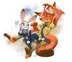  1girl bad_id bad_pixiv_id furry green_eyes grin judy_hopps koyoi_mitsuki necktie nick_wilde police police_uniform purple_eyes smile uniform white_background zootopia 