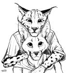  2019 anthro black_and_white caracal caracal_(genus) digital_media_(artwork) duo felid feline lynx mammal monochrome titusw 