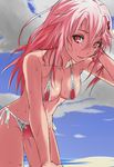  arm_up bikini breasts chikkinage_nage cleavage guilty_crown hair_ornament hairclip hand_in_hair long_hair looking_at_viewer medium_breasts navel pink_hair red_eyes solo swimsuit yuzuriha_inori 