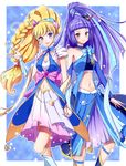  asahina_mirai blonde_hair blue_background blue_choker bracelet braid choker cure_magical cure_miracle hat heart holding_hands izayoi_liko jewelry long_hair looking_at_viewer magical_girl mahou_girls_precure! midriff mini_hat mini_witch_hat multiple_girls navel ponytail precure purple_eyes purple_hair red_eyes sapphire_style smile star wide_ponytail witch_hat yukiya_(shiya) 