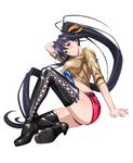  absurdres arm_up black_footwear black_hair black_legwear boots cross-laced_footwear full_body hand_behind_head high_heel_boots high_heels high_ponytail high_school_dxd highres himejima_akeno lace-up_boots long_hair looking_at_viewer official_art pink_eyes shorts simple_background solo sweat thigh_boots thighhighs very_long_hair white_background 