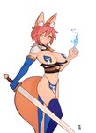  34no404 abs ahoge animal_ears armor bikini_armor blue_fire blue_legwear breasts elbow_gloves fate/extra fate_(series) fire fox_ears fox_tail gloves large_breasts loincloth nipple_tassels pasties pauldrons pink_hair short_hair single_elbow_glove solo sword tail tamamo_(fate)_(all) tamamo_no_mae_(fate) thighhighs weapon yellow_eyes 