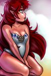  amano-g bare_shoulders barefoot blue_eyes bottomless breasts cleavage highres kneeling lips long_hair malon pointy_ears red_hair solo strapless the_legend_of_zelda the_legend_of_zelda:_ocarina_of_time 
