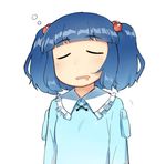  bangs blue_hair blunt_bangs blush closed_eyes dress drooling hair_bobbles hair_ornament kawashiro_nitori long_sleeves monosenbei no_hat no_headwear open_mouth shirt simple_background sleeping solo touhou two_side_up upper_body white_background 