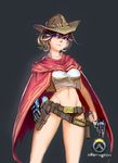  absurdres ammunition bangs belt blue_eyes breasts brown_hair cape closed_mouth copyright_name cowboy_hat cowboy_shot crop_top genderswap genderswap_(mtf) glowing glowing_eyes groin gun hair_between_eyes handgun hat highres holding holding_gun holding_weapon holster looking_at_viewer mccree_(overwatch) mechanical_hand medium_breasts midriff navel overwatch pauld pistol red_cape shirt short_hair short_shorts shorts simple_background solo standing stomach taut_clothes taut_shirt weapon 