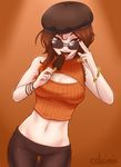  adapted_costume adjusting_eyewear bare_shoulders beret bracelet breasts brown_eyes brown_hair chocolate cleavage coco_adel cslucaris food hat jewelry large_breasts looking_at_viewer looking_over_eyewear lowleg lowleg_pants meme_attire midriff navel open-chest_sweater orange_background pants popsicle rwby sleeveless solo sunglasses sweater thigh_gap tongue 