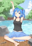  arm_behind_head armpits arms_up bare_shoulders barefoot blue_eyes blue_hair blue_sky blush blush_stickers breasts cleavage cloud cloudy_sky collarbone day eyebrows eyebrows_visible_through_hair forest full_body hair_bobbles hair_ornament hat hazao_(luckytewi) highres kawashiro_nitori looking_at_viewer medium_breasts nature navel one_eye_closed pocket rock screw sideboob sitting skirt sky sleeveless smile soles solo stretch tank_top touhou tree two_side_up water wooden_floor wrench 