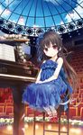  auditorium bare_shoulders black_hair blue_dress blue_ribbon blush bobby_socks chair crescent crescent_earrings crown cura dress earrings flower full_body hachiroku_(maitetsu) hair_ribbon hands_together highres instrument jewelry long_hair maitetsu mini_crown piano red_eyes red_footwear ribbon shoes sitting smile socks solo very_long_hair white_legwear wooden_floor 