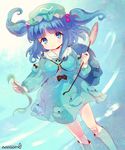  amo backpack bag blue_eyes blue_hair boots breasts cattail hair_bobbles hair_ornament hat highres kawashiro_nitori key long_sleeves looking_at_viewer medium_breasts plant pocket puffy_long_sleeves puffy_sleeves rubber_boots shirt skirt skirt_set smile solo touhou two_side_up 