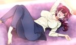  barefoot blush breasts breasts_apart breath brown_eyes couch covered_nipples full-face_blush hand_on_own_head hoshizora_ikuyo large_breasts lying mature nakahira_guy on_back open_mouth pants pants_under_skirt precure red_eyes red_hair saliva smile_precure! solo spread_toes sweat tongue tongue_out 