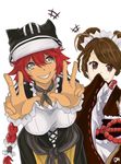  artist_request braid brown_hair covering_mouth dark_skin double_bun entoma_vasilissa_zeta fangs hat insect_girl japanese_clothes kimono long_sleeves looking_at_viewer lupusregina_beta maid maid_apron maid_headdress monster_girl multiple_girls overlord_(maruyama) red_hair sleeves_past_wrist smile twin_braids v 