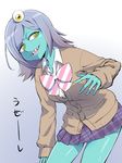  alien aqua_skin bow cardigan doriyamatsurugi eyeball highres midori_(uchuu_patrol_luluco) plaid plaid_skirt pleated_skirt ringed_eyes school_uniform sharp_teeth silver_hair skirt solo teeth uchuu_patrol_luluco yellow_eyes 