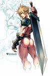  1boy armor ass bara blonde_hair cloud_strife dizdoodz final_fantasy final_fantasy_vii looking_at_viewer male_focus nude partially_colored solo sword weapon white_background 