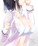  black_hair blouse bra breasts cleavage from_side hayakawa_akari head_out_of_frame kantai_collection lace lace-trimmed_bra large_breasts light_smile lips midriff navel open_blouse open_clothes profile see-through short_hair solo takao_(kantai_collection) underwear white_blouse white_bra 