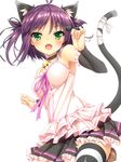  ahoge animal_ears bare_shoulders bell bell_choker black_ribbon blush cat_ears cat_hair_ornament cat_tail choker commentary_request detached_sleeves extra_ears fangs green_eyes hair_ornament hair_ribbon hairclip highres moeki_yuuta open_mouth original purple_hair ribbon short_hair simple_background skirt smile solo striped striped_legwear tail tail_ribbon thighhighs tsurime twintails white_background 