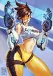  breasts brown_eyes brown_hair contrapposto dual_wielding gloves gun handgun holding karla_diaz_castro large_breasts lips looking_at_viewer navel overwatch pants pistol raised_eyebrow shirt short_hair signature smile solo standing tank_top thighs tied_shirt tight tight_pants tracer_(overwatch) weapon wide_hips 