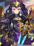  armor looking_at_viewer official_art ox_(baallore) priget_plus silver_hair solo sword watermark weapon yellow_eyes 