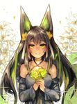  animal_ears bare_shoulders black_hair blush bow choker dark_skin detached_sleeves floral_background flower green_eyes green_hair hair_bow highres holding holding_flower long_hair looking_at_viewer maido_mido multicolored_hair original smile solo sparkle 