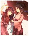  blush border breasts brown_eyes brown_hair carrying_over_shoulder closed_mouth cowboy_shot drill_hair hair_ribbon hakama hand_up harukaze_(kantai_collection) highres holding holding_umbrella japanese_clothes kamikaze_(kantai_collection) kantai_collection kimono koruta_(nekoimo) leaning_forward long_hair long_sleeves looking_at_viewer medium_breasts meiji_schoolgirl_uniform multiple_girls oriental_umbrella over_shoulder pink_hakama purple_eyes purple_hair red_eyes red_hakama red_ribbon red_umbrella ribbon smile standing tasuki twin_drills umbrella very_long_hair white_border yellow_ribbon 