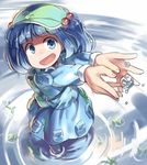  :d backpack bag blue_eyes blue_hair boots hair_bobbles hair_ornament hat kawashiro_nitori key leaf long_sleeves looking_at_viewer monosenbei open_mouth pocket pond ripples rubber_boots shirt short_hair skirt skirt_set smile solo touhou two_side_up water water_drop 
