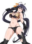  absurdres arm_up black_footwear black_gloves black_hair black_legwear boots breasts cross-laced_footwear elbow_gloves full_body gloves groin high_ponytail high_school_dxd highres himejima_akeno lace-up_boots large_breasts long_hair looking_at_viewer navel official_art pink_eyes simple_background solo thigh_boots thighhighs torn_boots torn_clothes torn_gloves underboob very_long_hair white_background 
