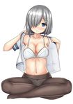  :&lt; bad_id bad_pixiv_id blue_bow blue_eyes blush bow bow_bra bow_panties bra breasts brown_legwear cleavage closed_mouth collarbone frown full_body hair_ornament hair_over_one_eye hairclip hamakaze_(kantai_collection) head_tilt highres indian_style kantai_collection large_breasts looking_at_viewer no_shoes open_clothes open_shirt panties panties_under_pantyhose pantyhose shirt short_hair short_sleeves silver_hair simple_background sitting sleeve_cuffs solo spread_legs tareme terakoya underwear white_background white_bra white_panties white_shirt 