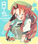  aqua_eyes black_bow black_gloves blush bow braid chinese_clothes fang fingerless_gloves gloves hair_bow hat hong_meiling long_hair looking_at_viewer morino_hon open_mouth red_hair short_sleeves smile solo star touhou twin_braids upper_body 