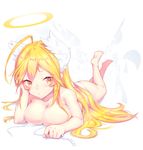 :o ahoge bangs bare_shoulders barefoot bikini blonde_hair blush breast_press breasts cleavage dev full_body halo hand_on_own_cheek head_rest head_wings highres large_breasts legs_up long_hair looking_to_the_side lying on_stomach original simple_background soles solo swimsuit untied untied_bikini white_background white_bikini yellow_eyes 